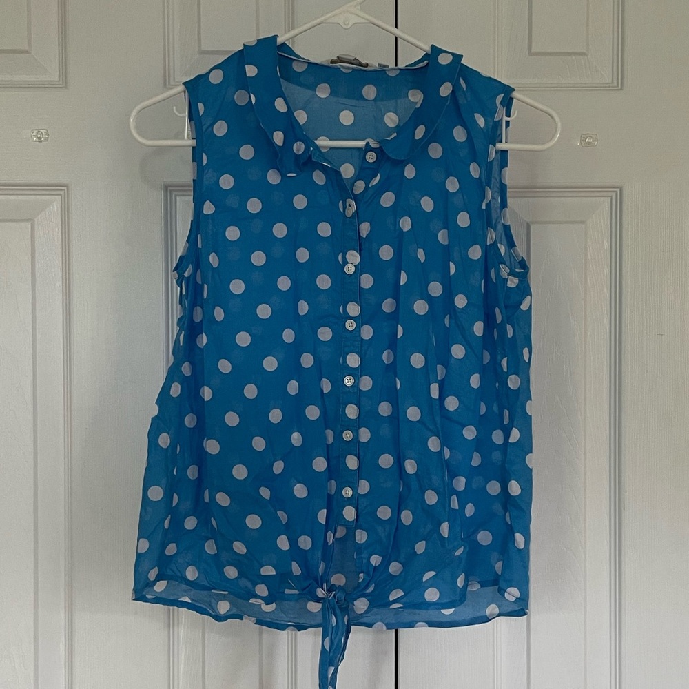 Blue with white polka dots sleeveless blouse from Boden
